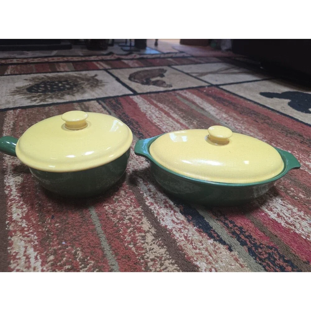 Vintage Cameron Clay Casserole Bake Oven USA Green&Yellow Nice Condition-2 Piece